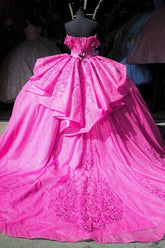 Ball Gown Off Shoulder Sleeveless Pleated Beaded Appliques Lace Up Fuchsia Tulle Quinceanera Dress Birthday Party Dress For Sweet 16